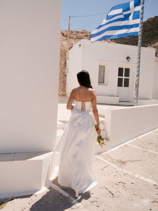 Καλοκαιρινό Maxi Φόρεμα για Γάμο / Βάπτιση Strapless Σατέν Λευκό