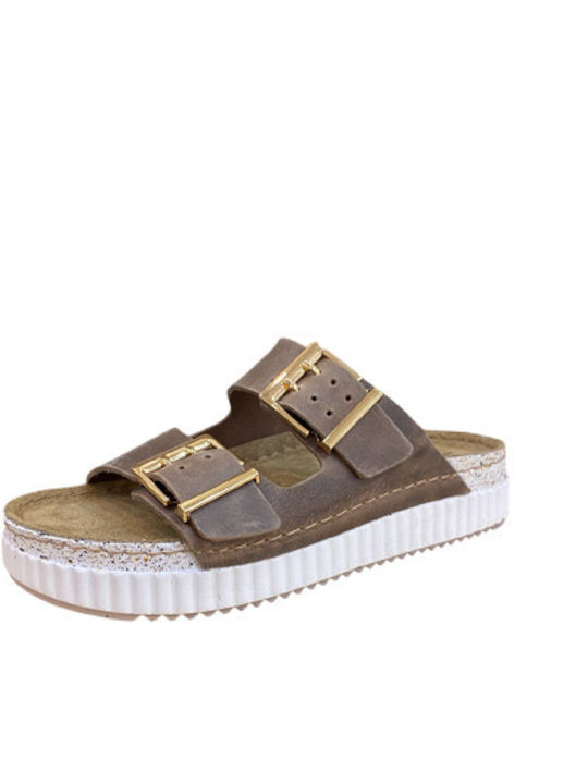 Leather Women's Flat Sandals Flatforms Khaki