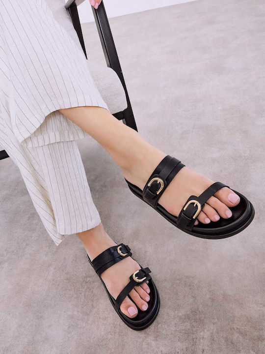 Celestino Flache Damen Sandalen Aus Leder Mit Riemen Schwarz