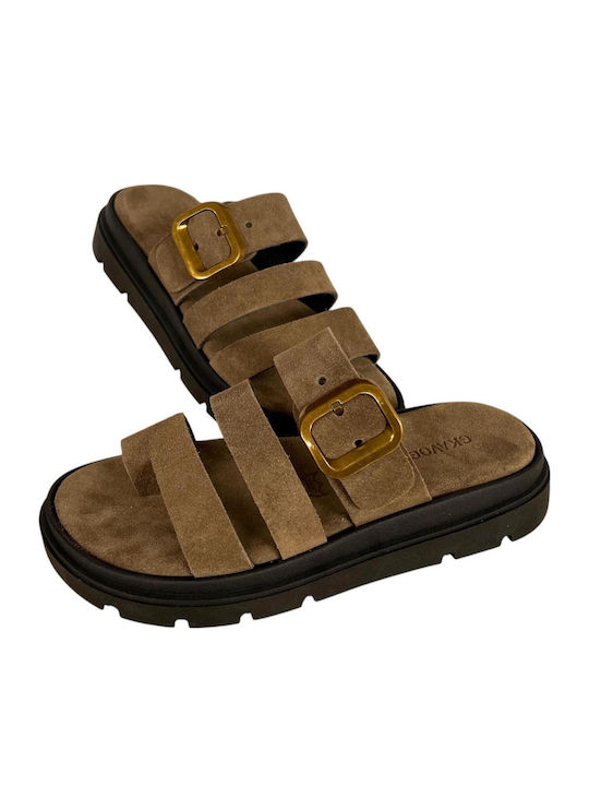 Leather Women's Flat Sandals Flatforms Brown