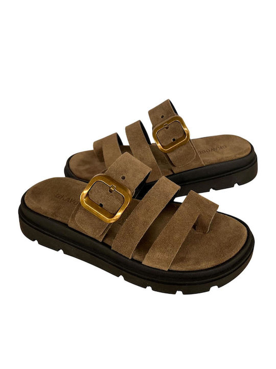 Leather Women's Flat Sandals Flatforms Brown