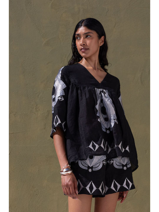 Women's Blouse with 3/4 Sleeve & V-Neckline Black Silver