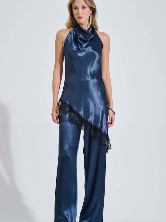 Women's Satin Sleeveless Drape Top Blue
