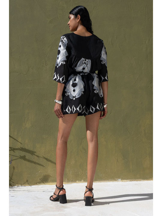 Women's Blouse with 3/4 Sleeve & V-Neckline Black Silver