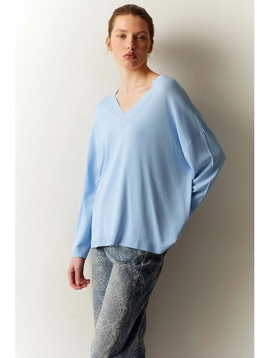Damen Langärmeliges Pullover mit V-Ausschnitt in Hellblau
