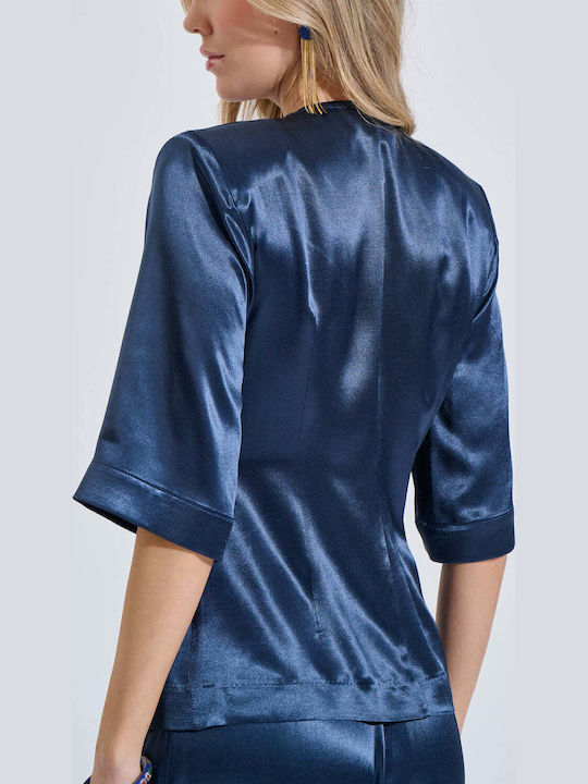 Women's Satin Crop Top with V-Neck Blue