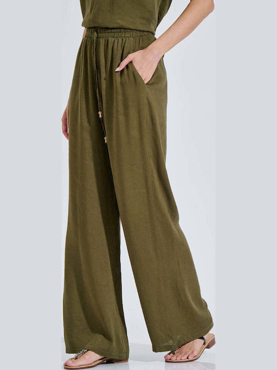 Damen Hochbund Pantaloons mit Gummiband in Entspannte Passform in Olive