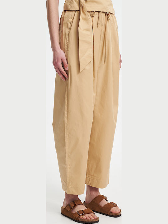 Women's Leather Trousers with Rubber Band in Tapered Leg Beige