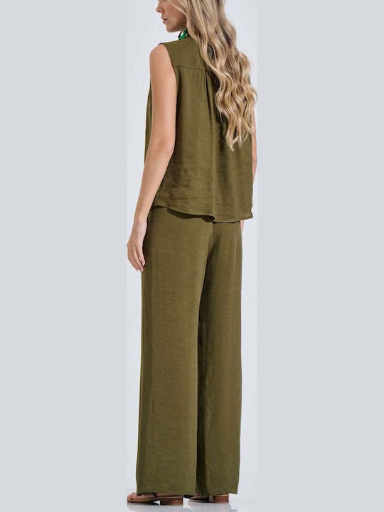 Damen Hochbund Pantaloons mit Gummiband in Entspannte Passform in Olive