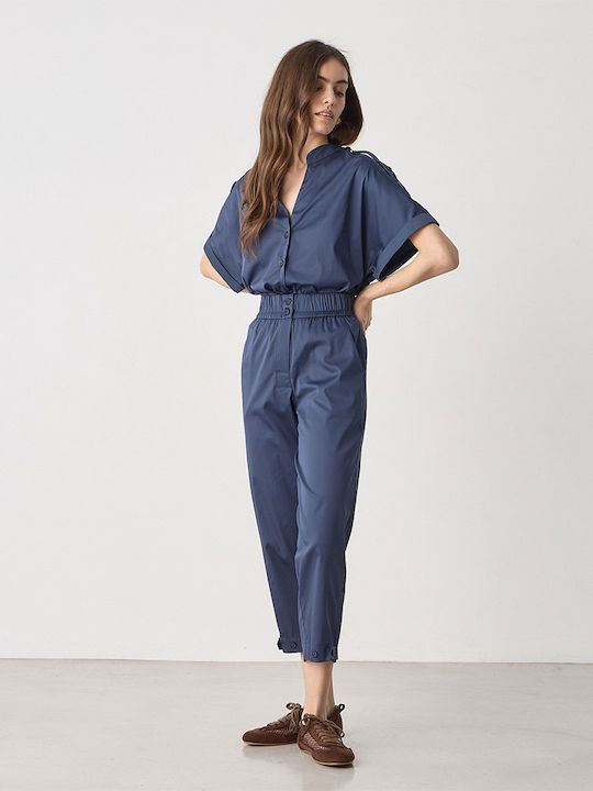 Women's High Rise Fabric Trousers with Rubber Band in Carrot Fit Blue