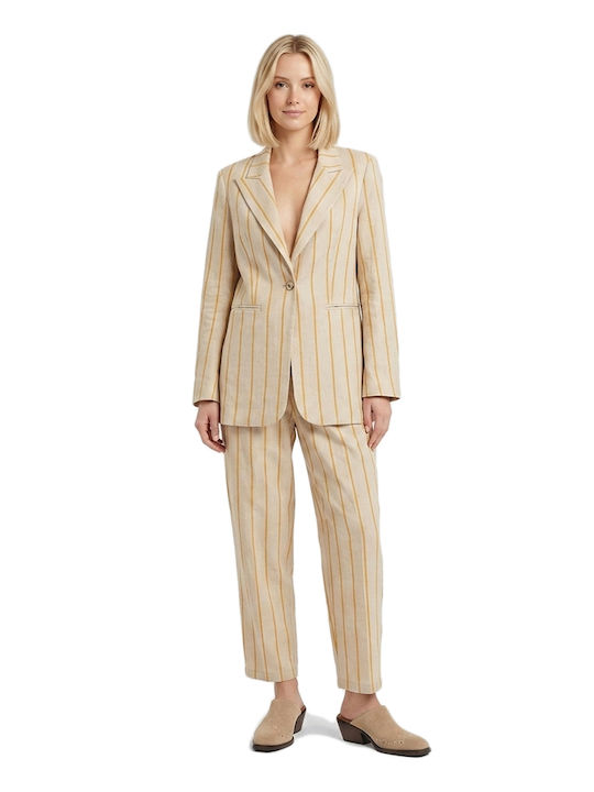 Matchbox Women's High Rise Fabric Trousers Striped Yellow-Beige Matchbox Women's High Rise Fabric Trousers Striped Yellow-Beige