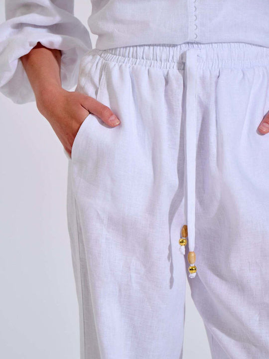 Damen Leinenhose mit Gummiband in Gerader Bein Stil Weiß