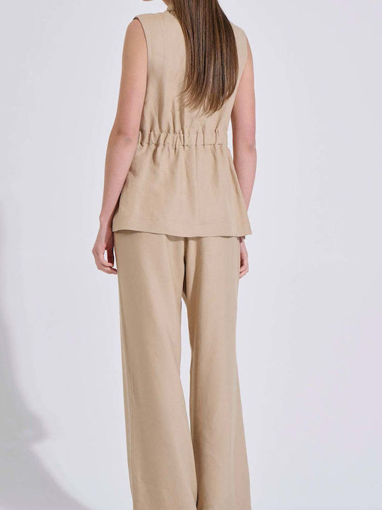 Damen Hochbund Leinen Hose in Gerader Bein Stil Beige