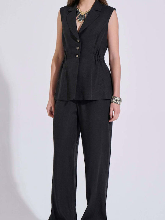 Women's High Waist Linen Trousers in Straight Leg Style Black