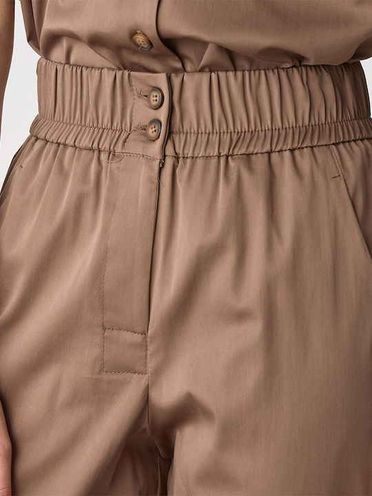 Damen Hochgeschnittenes Stoffhose mit Gummiband in Karotte Passform Braun