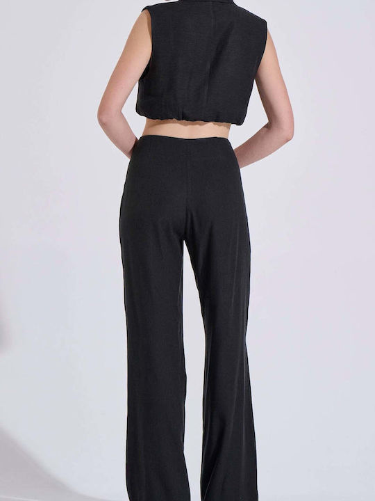 Women's High Waist Linen Trousers in Straight Leg Style Black