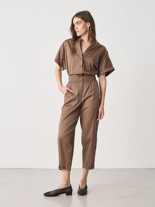 Damen Hochgeschnittenes Stoffhose mit Gummiband in Karotte Passform Braun