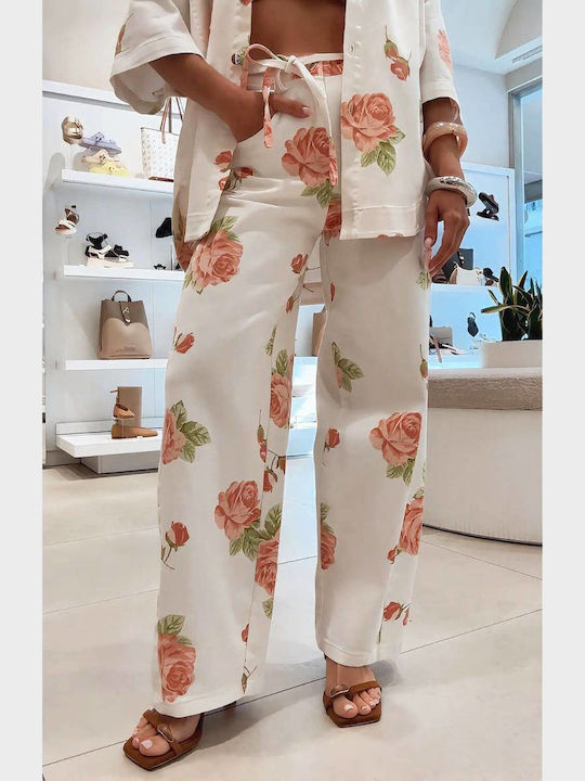 Women's White-Pink Set with Trousers with Rubber Band in Relaxed Fit Floral