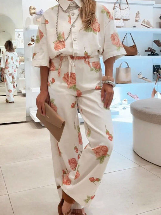 Women's White-Pink Set with Trousers with Rubber Band in Relaxed Fit Floral
