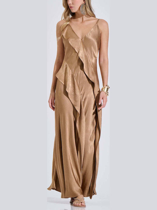 Summer Maxi Evening Dress Open Back with Ruffles Gold