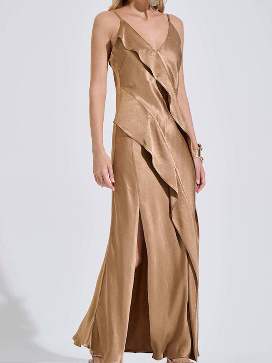 Summer Maxi Evening Dress Open Back with Ruffles Gold