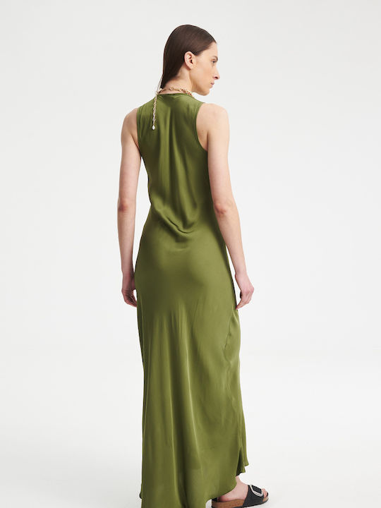Summer Maxi Evening Satin Dress Olive