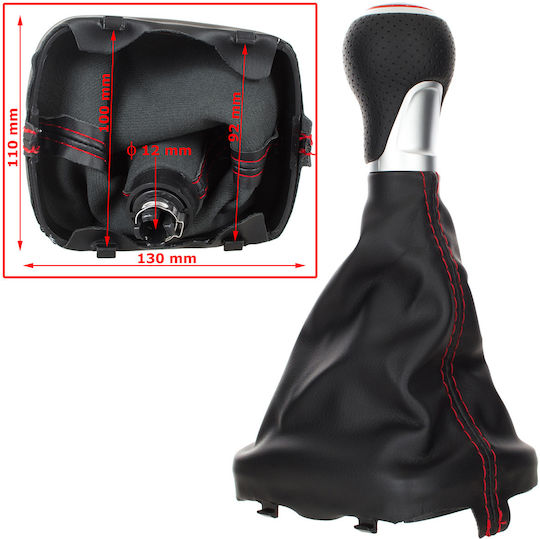 Audi A3 8p 03-12 Black Eco Leather + Silver 6-speed Gear Shift Knob + Black Red Thread Gaiter