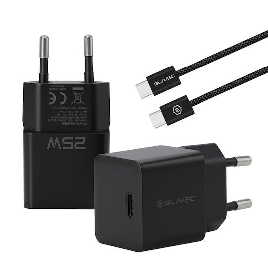Blavec Φορτιστής με Θύρα USB-C και Καλώδιο USB-C - USB-C 25W Power Delivery Μαύρος (BC-10)
