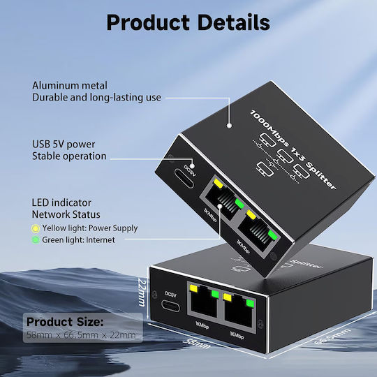 Splitter Rețea Ethernet Zola 3 Porturi Rj45 1 Gb S Ftp Compatibil Cat5e Cat6 Cat7 Cat8 Alimentat Usb Negru