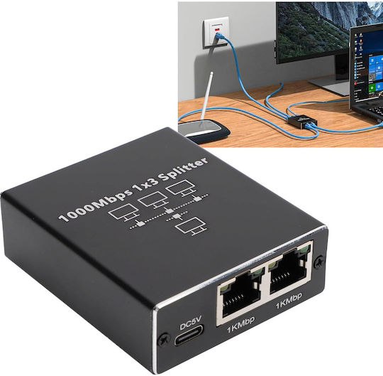 Splitter Rețea Ethernet Zola 3 Porturi Rj45 1 Gb S Ftp Compatibil Cat5e Cat6 Cat7 Cat8 Alimentat Usb Negru