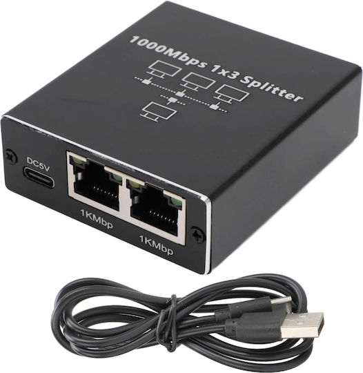 Splitter Rețea Ethernet Zola 3 Porturi Rj45 1 Gb S Ftp Compatibil Cat5e Cat6 Cat7 Cat8 Alimentat Usb Negru