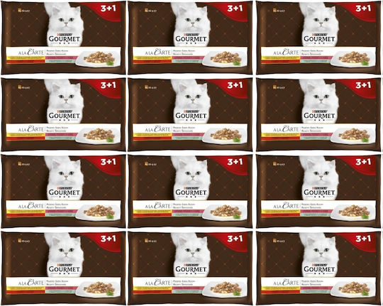 Gourmet Nasses Katzenfutter mit Huhn, Rindfleisch, Forelle, Fisch, Fleisch, Gemüse und Spinat 48x85g