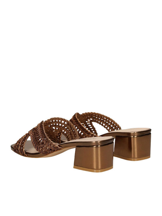 Satin Mules with Heel in Gold Colour