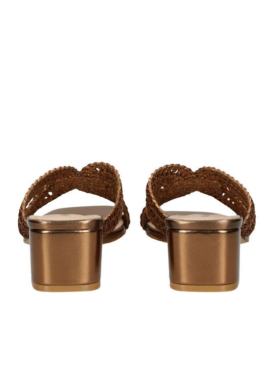 Satin Mules with Heel in Gold Colour