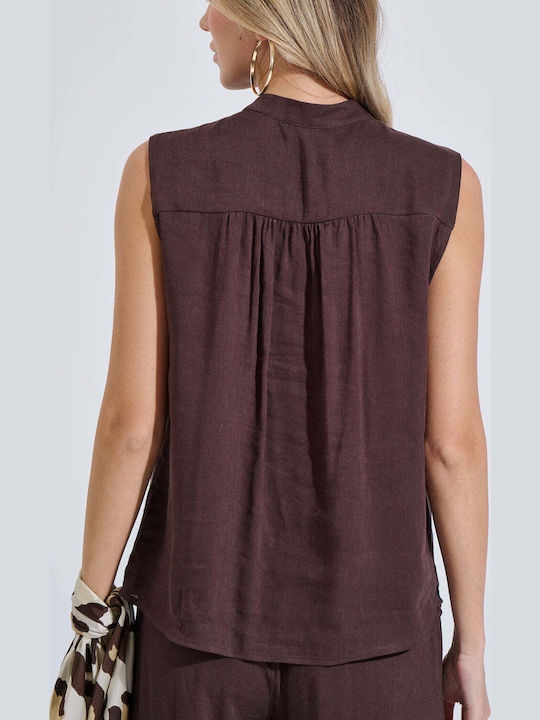 Women's Sleeveless Blouse with V-Neck Brown