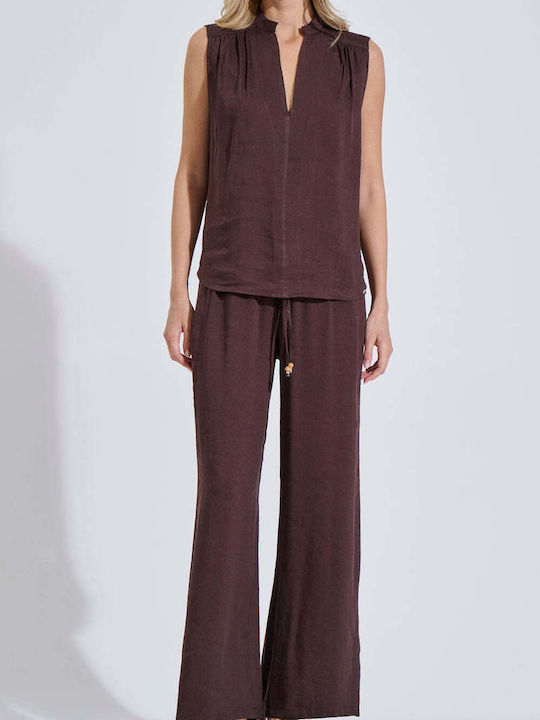 Women's Sleeveless Blouse with V-Neck Brown
