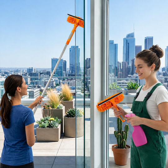 Aparat De Curățat Geamuri Telescopic 3 În 1 Zola 1.8 M Racletă 180° 3 Lavete Microfibră 25 Cm Portocaliu