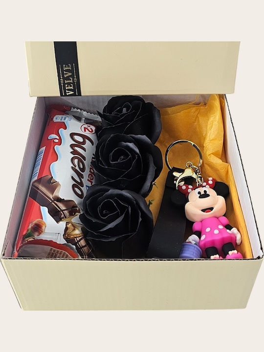 Joy Box Set Kids Minnie Disney Figurine Keychain 3 Black Soap Roses Kinder Bueno