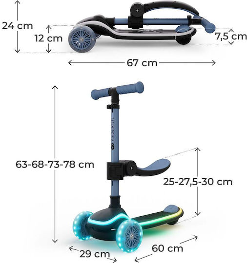 Kinderkraft Kids Scooter Foldable 3-Wheel with Seat Blue