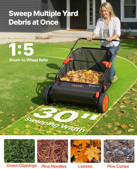 Vevor Manual Lawn Sweeper 76.2 Cm Leaves Grass Collection Bag 12 Cubic Feet Adjustable Brush Height Rubber Wheels Stscpqsqhs12jqdr0001v0