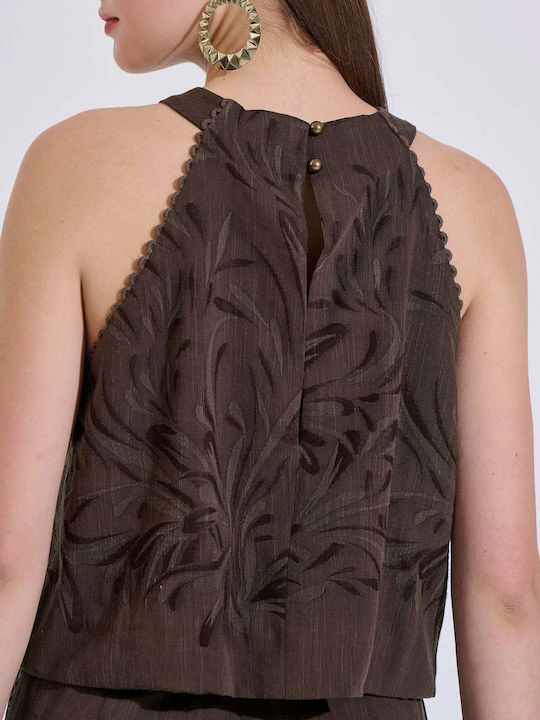 Women's Sleeveless Blouse with Tie at Neck Brown