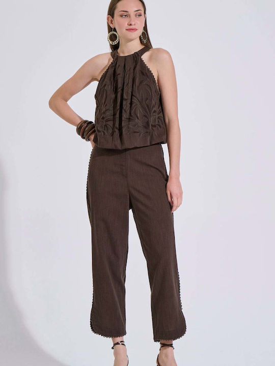 Women's Sleeveless Blouse with Tie at Neck Brown