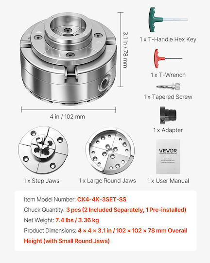 Vevor Wood Lathe Chuck 4 Inch 4 Jaw Self-Centering Thread 1 Inch X 8 Tpi Adapter Jaws Round & Step Nickel Plated High Hardness Steel Mgcckptj3jt4ibz0x001v0