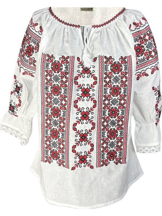 Bluză Damă Bumbac Mânecă Lungă Alb/Roșu