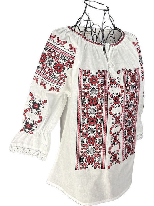 Bluză Damă Bumbac Mânecă Lungă Alb/Roșu