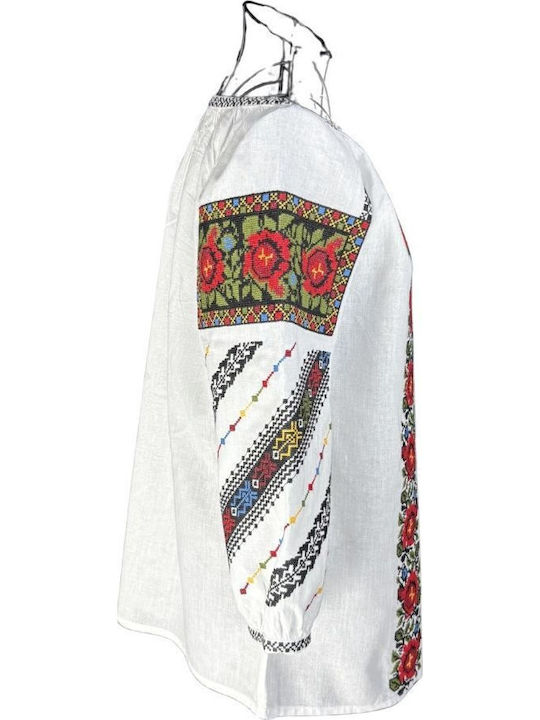 Bluză Damă Bumbac Mânecă Lungă Albă/Albastră