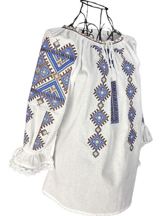 Bluza Damă Bumbac Mânecă Lungă Alb/Maro