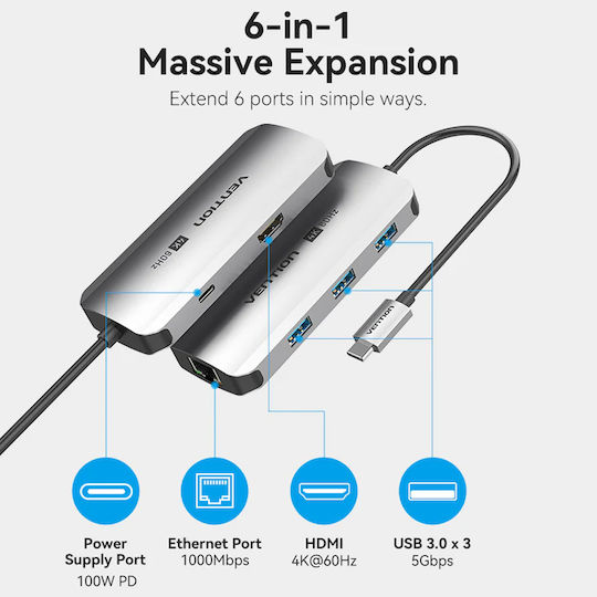 Vention USB-C Docking Station with HDMI 4K PD Gray (TOFHB)