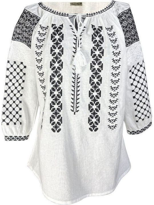 Bluza Damă Bumbac Mânecă Lungă Alb/Negru