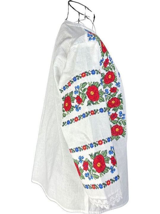 Bluza Damă Bumbac Mânecă Lungă Alb Verde Închis